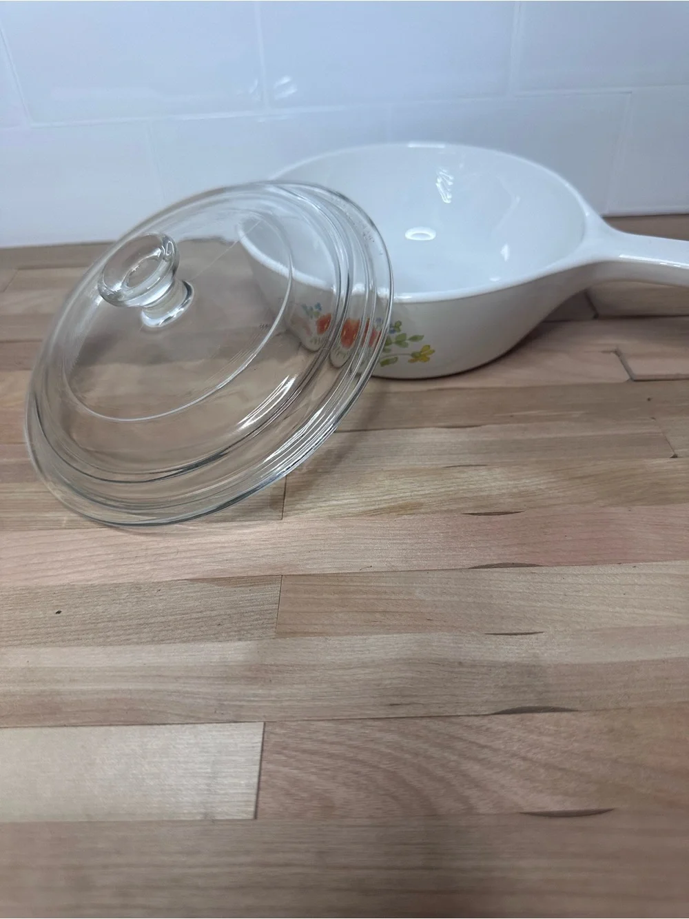 Corningware White Ceramic Saucepan with Floral Accent (Wildflower) and Glass Lid